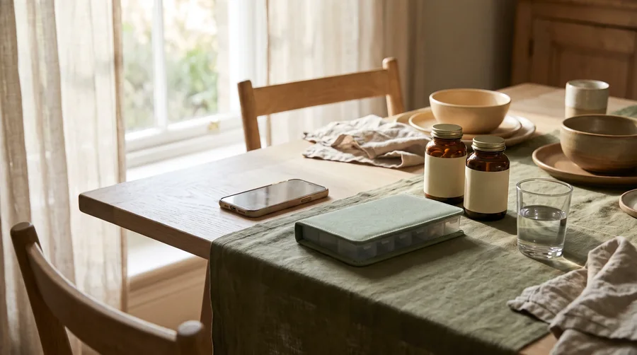 An unbranded phone, pill organiser and two bottles on a sunlit table.