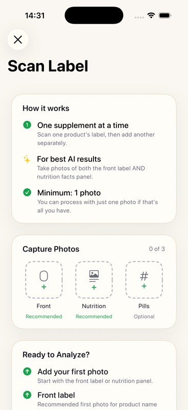 Stack My Med supplement scanner captures a label photo and prepares it for AI reading